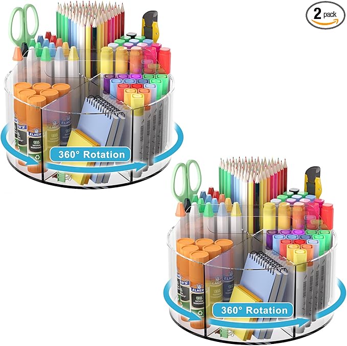 Rotating Art Supply Organizer 2 Pcs - Clear Marker & Colored Pencil Organizer with Acrylic Lazy Susan Desktop Holder