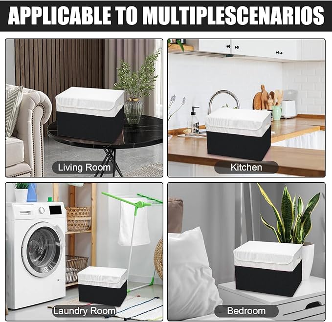 Large 22 Quart Linen Fabric Foldable Storage Bin Cube Organizer Basket with Flip-Top Lid & Handles, Clothes Blanket Box for Home, Office, Closet, Black & White, 4 Pack 14.6 x 9.5 x 9.5