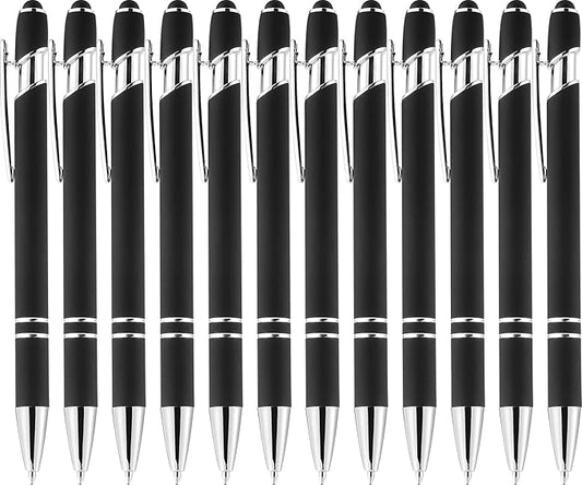 LINFANC 12 Pack Black Silver Ballpoint Pen with Stylus Tip, 1.0 mm Black Ink Smooth Writing Pens, Metal Stylus Pens for Touch Screens