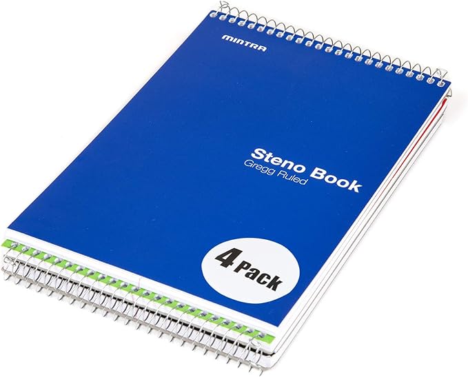 Mintra Office Steno Book - (Primary Colors, 4 Pads/Pack, Gregg Ruled) - 6inx9in, 70 Sheets, Notebook for writing notes in school, university, college, work, office