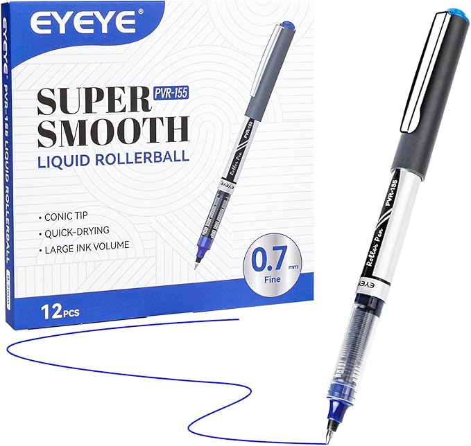 EYEYE 0.7mm Blue Pens Roller Ball, 12 Pack Medium Point Rollerball Pen Quick Dry, Liquid Ink Pens Fine Point Smooth Writing Pen for Journaling, Note Taking, Office, School Supplies