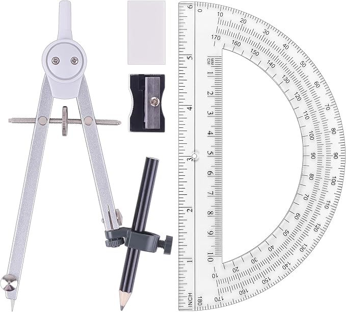 Professional Compass for Geometry Set, Metal Compass with Wheel and Lock for Geometry, Drawing Compass Tool, Circle Drafting Tool, and 6 Inch Math Protractors 180 Degree (Silver)