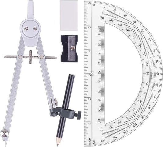 Professional Compass for Geometry Set, Metal Compass with Wheel and Lock for Geometry, Drawing Compass Tool, Circle Drafting Tool, and 6 Inch Math Protractors 180 Degree (Silver)