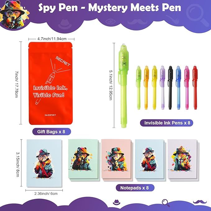 8Pcs Invisible Ink Pen Set with UV Light, Mini Notepads & Favor Bags, Magic Pen Disappearing Ink, Spy Pens for Kids, Fun Party Favors for Kids 8-12, Detective & Escape Room Themes