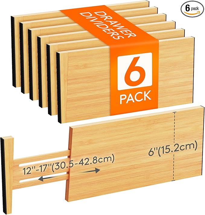 Lifewit 6 Pack Drawer Dividers Bamboo 6" High, 11-17" Adjustable Drawer Organizers for Clothes, Expandable Dresser Separators in Bedroom/Bathroom/Kitchen/Fridge/Office Organization and Storage