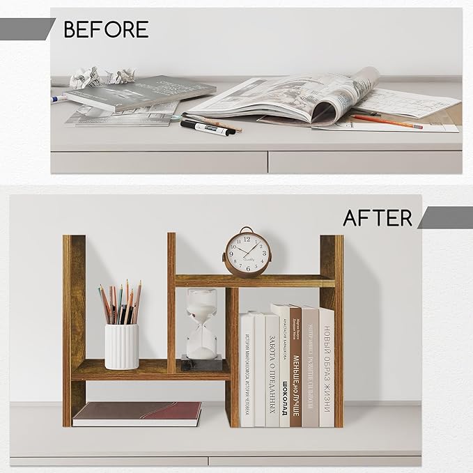 Jerry & Maggie Desktop Organizer Office Storage Rack Adjustable Wood Display Shelf Free Style Double H, Multi-Functional Mini Bookshelf for Desk Natural Stand (Natural Wood Tone)