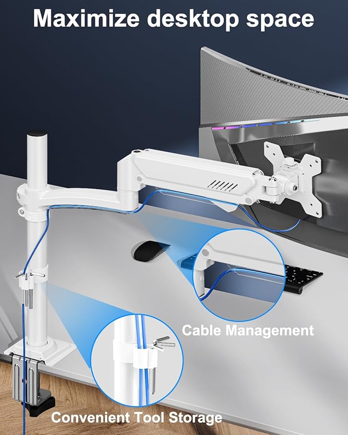 Single Monitor Mount Holds Max 22lbs, 13-32 inch Monitor Desk Mount, Height Adjustable Tall Monitors Arm, Monitors Stand with Tilt Swivel Rotation, VESA 75 100mm, White, Freelift
