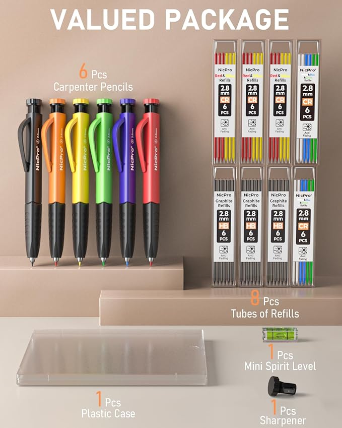 Nicpro 6 Pack Upgraded 3-IN-1 Carpenter Pencil Set with Finger Grip, Construction Pencils with 54 Refill & Mini Spirit Level, Deep Hole Carpenter Tool, Mechanical Carpenter Pencil for Woodworking