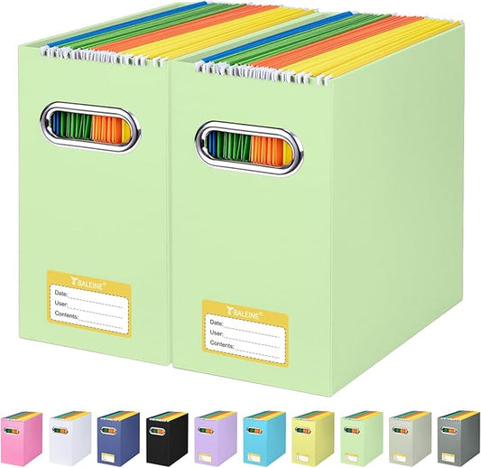BALEINE File Organizer Box, Cardboard File Folder Organizer with Handle for Letter Size, Portable Collapsible Hanging Filing Box for Home Office Document Storage (2 Pack, Green)
