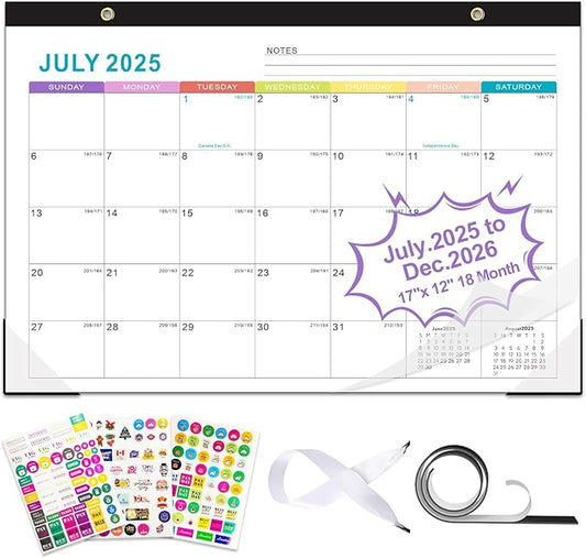 Gannyfer 2025-2026 Desk Calendar, Fridge Calendar Magnet, 18 Monthly Large Yearly Desktop/Wall Calendar, July 2025 - Dec 2026, with Plastic Cover Hanging String Corner Protectors, 17" x 12", Organizers for Office, Home and School (3 Sticker)