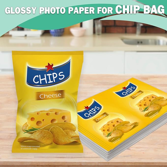36lb Glossy Photo Paper, 8.5x11, Letter Size, Thin Glossy Photo Paper for Chip Bags, Inkjet, 100 Pack