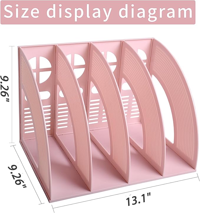 SAYEEC Magazine File Holder Folder Storage Desktop 4 Compartment Standing Hollow Pink Files Bookshelf Organizer Office Racks Displays Holds Notebooks Documents for School Working Students