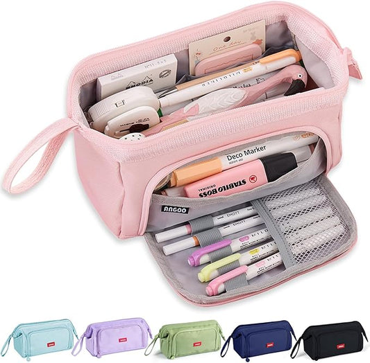 MAMUNU Pencil Case Pouch Large Capacity with Compartments, Pencil Case Pouch Bag with Zipper Handle for Teen Girls Adults Women, Portable Pen Bag Stationery Organizer for Office School Travel, Pink