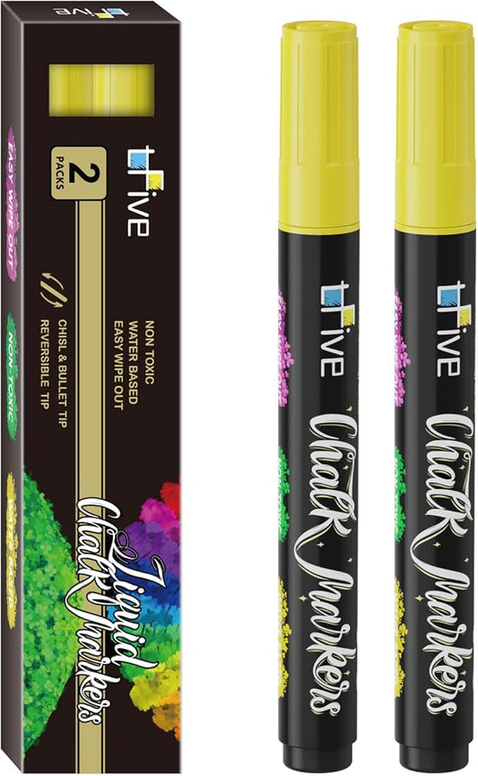 TFIVE Yellow Liquid Chalk Markers - 2 Pack Bright Colors Erasable Chalk Marker Pens, Reversible Tip, Non-Toxic, for Chalkboards, Signs, Glass, Easy to use Chalk markers TF800