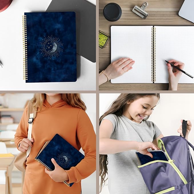 Cute Spiral Notebook journal A4 Aesthetic Pretty Design for Women Girls Kawaii with Pocket, 8.5 x 11 inch, Graph, Blue Moon