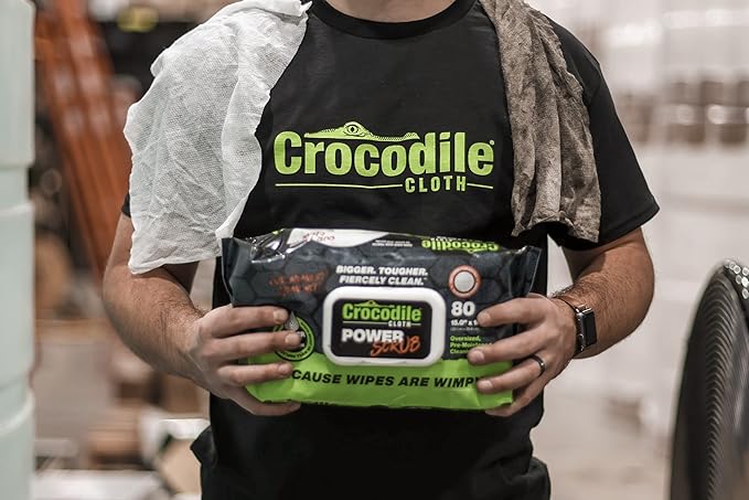 Crocodile Cloth Power Scrub - 40 (15" x 10") Heavy Duty Cleaning Wipes. Safe on Skin & Multiple Surfaces. Infused with Aloe & Vitamin E. Textured, Large, Pre-Moistened & Absorbent.