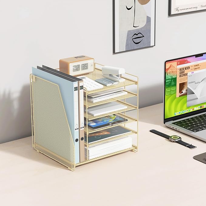 gianotter Desk Organizers and Accessories, 6-Tier Paper Organizer with Magazine rack, File Organizer for Desk, Office Accessories & Workspace (Gold)
