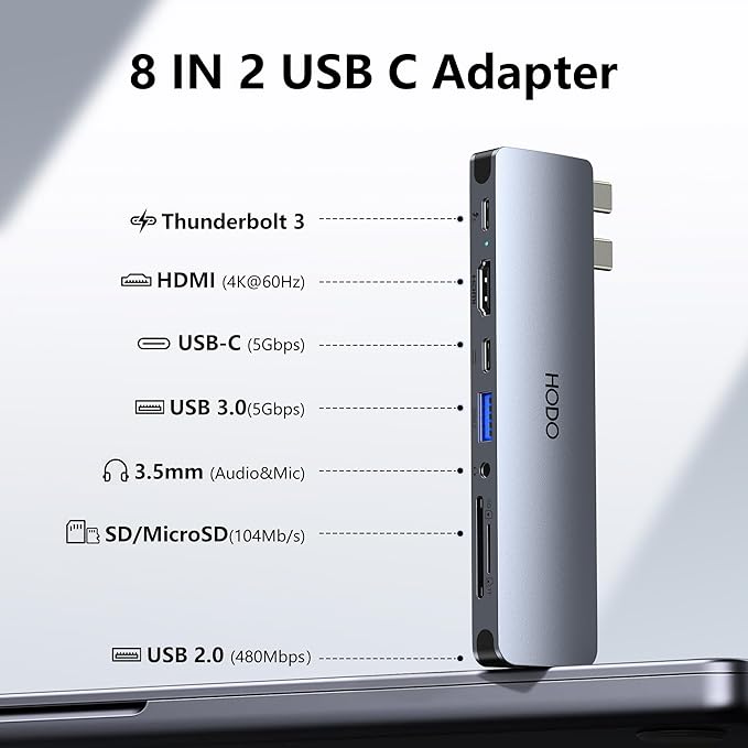 USB C Hub HDMI USB Adapter for MacBook Pro Air M3 M2 M1 2025-2018 13 14 16", MacBook Adapter Multiport 8 in 2 Mac USB C Hub with HDMI, Thunderbolt 3, 10G USB C&A Data Ports, SD TF Card Reader, Audio