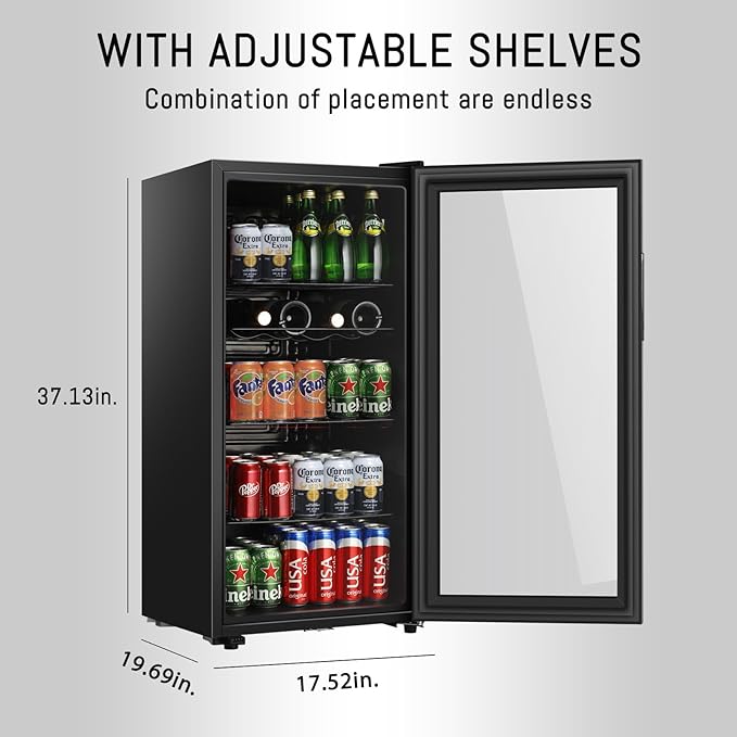 LANG Beverage Refrigerator, 4.5 Cu.Ft, Mini Fridge with Glass Door for Soda Beer, Freestanding Beverage Cooler for Office, Bar, Adjustable Shelving&Adjustable Foot