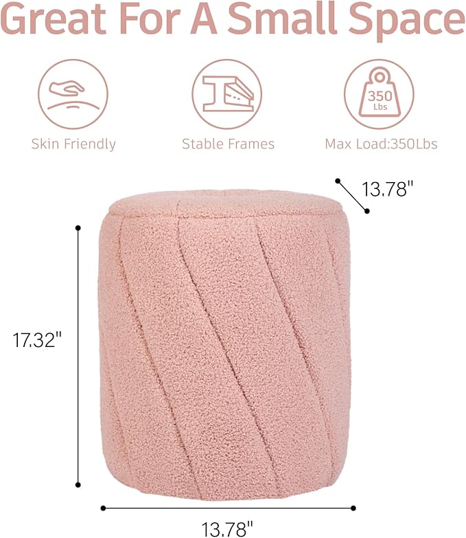 Modern Round Ottoman, Spiral-Tufted Foot Stool Ottoman, Teddy Fleece Upholstered Vanity Stool for Makeup, Bedroom, Living Room, Pink