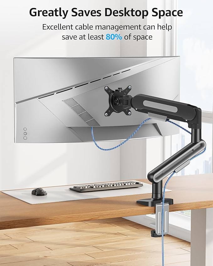MOUNTUP Single Monitor Desk Mount for 4.4-26.5lbs, Heavy Duty Monitor Arm for 39 37 34 32 27inch, Full-Motion Monitors Stand, Height Adjustable Gas Spring Monitors Arm with C-Clamp＆Grommet Base