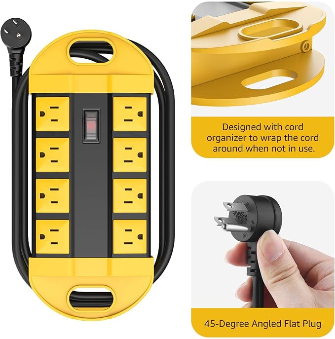 CCCEI 2 Outdoor Power Strips Weatherproof with 8 Plug, Waterproof Extension Cord with Multiple Outlets, Christmas Exterior Garden Yard Surge Protector 15FT, Yellow.