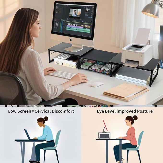 Dual Monitor Stand Riser, Desk Organizer with Drawer, Office Desk Organizers and Accessories, Office Workspace Organization, Computer Monitor Stand for Laptop, Printer (Black)