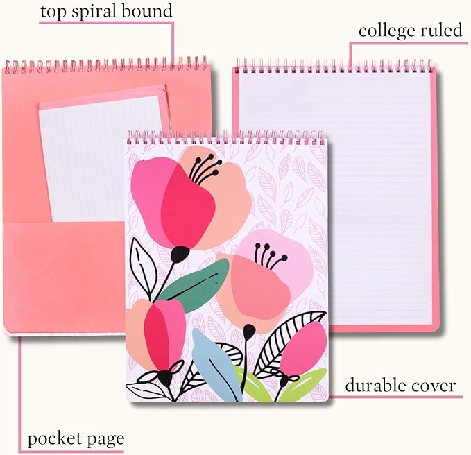 Steel Mill & Co Large Top Spiral Notebook College Ruled, 11" x 8.5" with Durable Hardcover and 160 Lined Pages, Pink Poppy