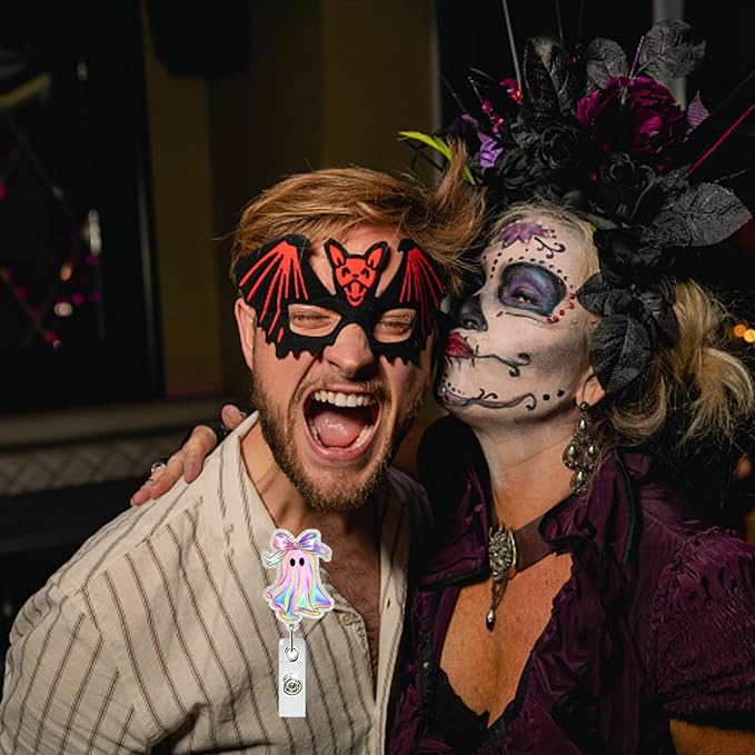 Halloween Badge Reel Retractable ID Name Holder Fun Cute Ghost with Bow Badge Charm Designs Acrylic Cartoon Spooky ID Badge Holder with Alligator Clip for Students Nurses Teachers ID Clip