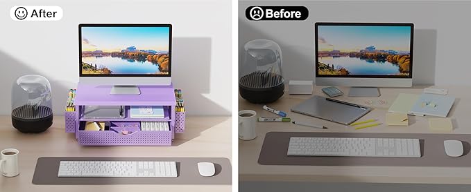 gianotter Wood Monitor Stand Riser, Desk Organizer with Drawer and 2 Pen Holders, 2-Tier Workspace Organizer for Office Supplies (Purple Wood)