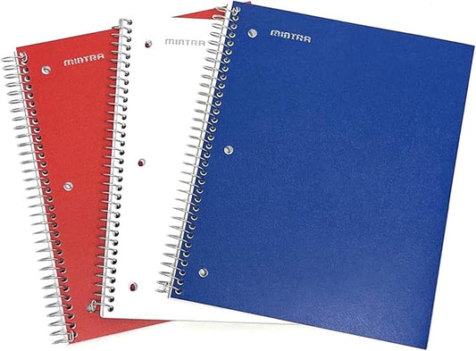 Mintra Office Durable Spiral Notebooks, 1 Subject, (Red, White, Blue, Wide Ruled 3pk)