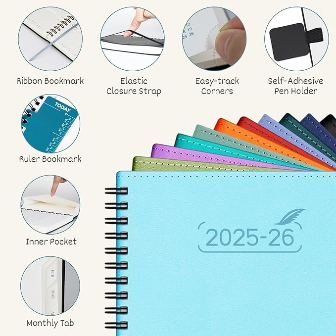 BEZEND Planner 2025-2026 Weekly and Monthly, 5.8" x 8.5" Academic Calendar (Jul 25-Dec 26) Vertical Daily Appointment with Hourly Timeslot & Monthly Tab, Spiral, PU Leather Softcover - Dark Green