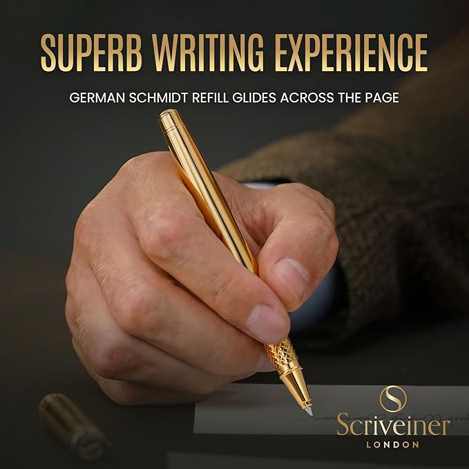 Scriveiner Personalized Gold Rollerball Pen - Stunning Luxury Pen, Real Gold Plating, Schmidt Ink Refill, Best Engraved Roller Ball Gift Set for Men & Women, Custom Name Engraving