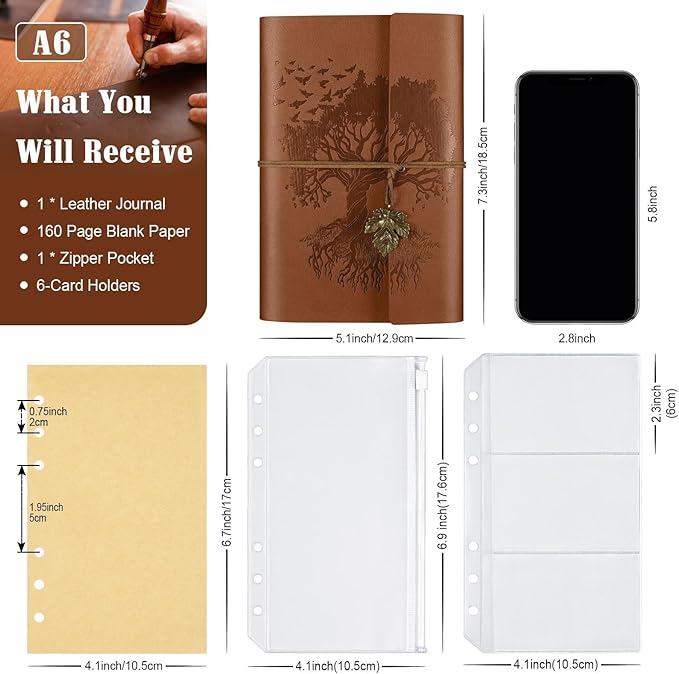 OMEYA PU Leather Journals Notebooks with Blank Pages, Vintage Refillable Journal for Writing, Travel Diary Art Sketchbook to Write in, Gifts for Women, Men, Teen Girls and Boys, 160 Pages (Brown, A6)