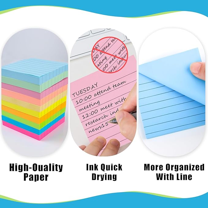 SACATR 30 Pads Lined Sticky Notes, Sticky Note Pads 3x3 inches, 10 Bright Color Sticky Notes with Lines Self-Stick Note Pads, Perfect for Office Home School(100 Sheet/Pad)