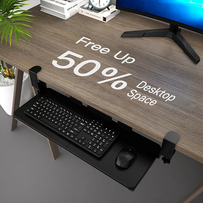 Ergonomic Keyboard Tray Under Desk Pull Out with Adjustable C-Clamp Mount, Slide-Out Computer Keyboard and Mouse Platform Drawer for Office and Home Typing (Black)