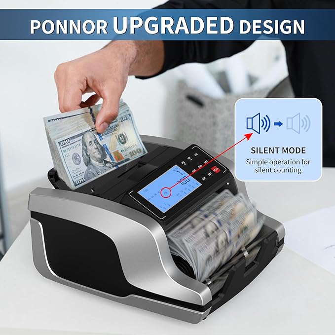 PONNOR Money Counter Machine with Value Count, UV/MG/IR/MT/DD Counterfeit Bill Detection, Dollar Euro Cash Counter with Count/Add/Batch/Auto Modes, External LCD Display