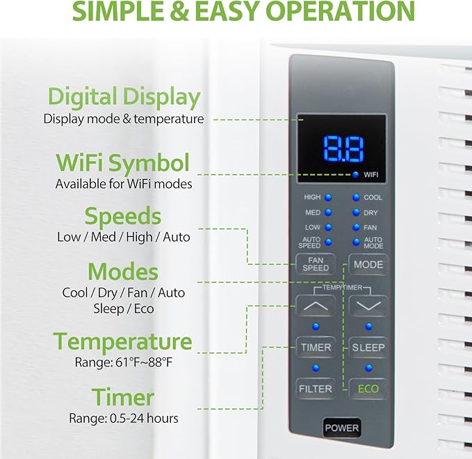 6000 BTU Window Air Conditioner with WiFi, Smart Window AC Unit with Remote, Energy Saving, Easy Install Kit, Cools up to 250 Square Feet