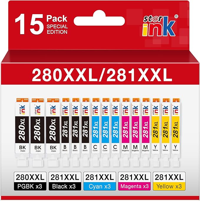 15 Pack PGI-280XXL/CLI-281XXL Replacement for Canon 280 281 Ink cartridges Compatible with Canon TR8620a Ink Cartridges TR8520 TR8620 TR8600 TR7520 TS702a TS6120 TS6220 TS9120 TS6320 Printer