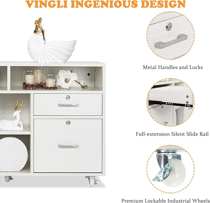 VINGLI Wood Mobile File Cabinet with 4 Drawers and Shelves, Printer Stand with Open Storage, Lockable Lateral Filing Cabinet for Home Office, Assembly Required, Light Beige Close to White