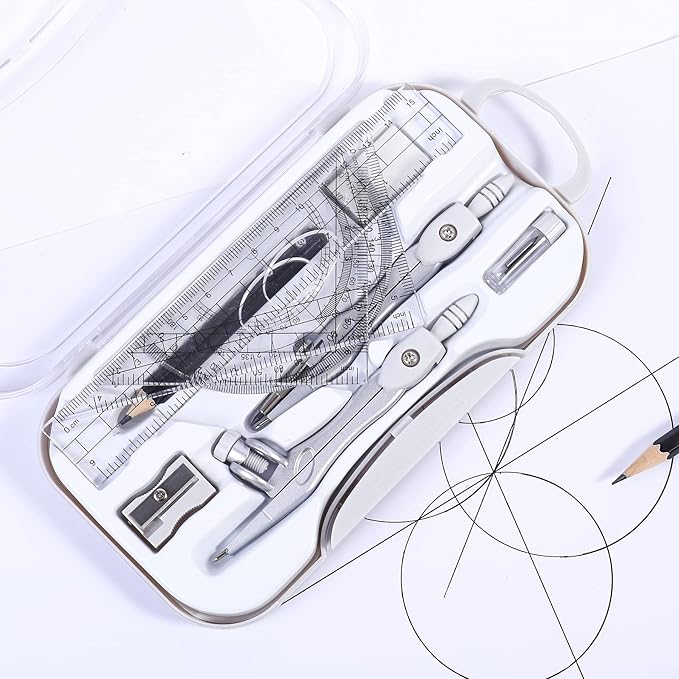 Math Geometry Sets 10 Piece Student Supplies with Shatterproof Storage Box,Includes Rulers,Protractor,Compass,Eraser,Pencil Sharpener,Lead Refills,Pencil,for Drafting and Drawings（Grey）