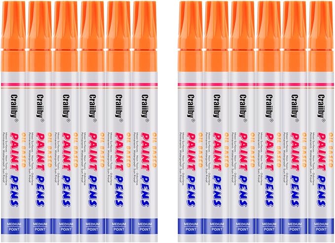Orange Paint Markers, 12 Pack Oil-Based Waterproof Quick Dry Permanent Paint Pen Set for Rocks Painting, Wood, Fabric, Plastic, Canvas, Glass, Mugs, Metal, Tire, Stone, DIY Craft