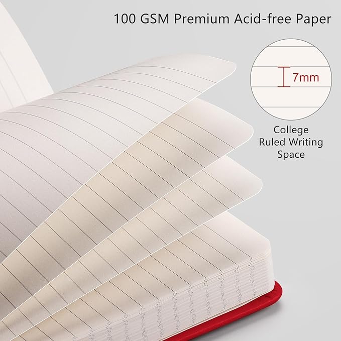 RETTACY Lined Journal Notebook, 2-Pack, 192 Numbered Pages per Pack, A5 Medium Size (5.7'' x 8.3''), for Men & Women, Writing, Work, Leather Hardcover, 100 GSM Thick Paper (Black & Red)