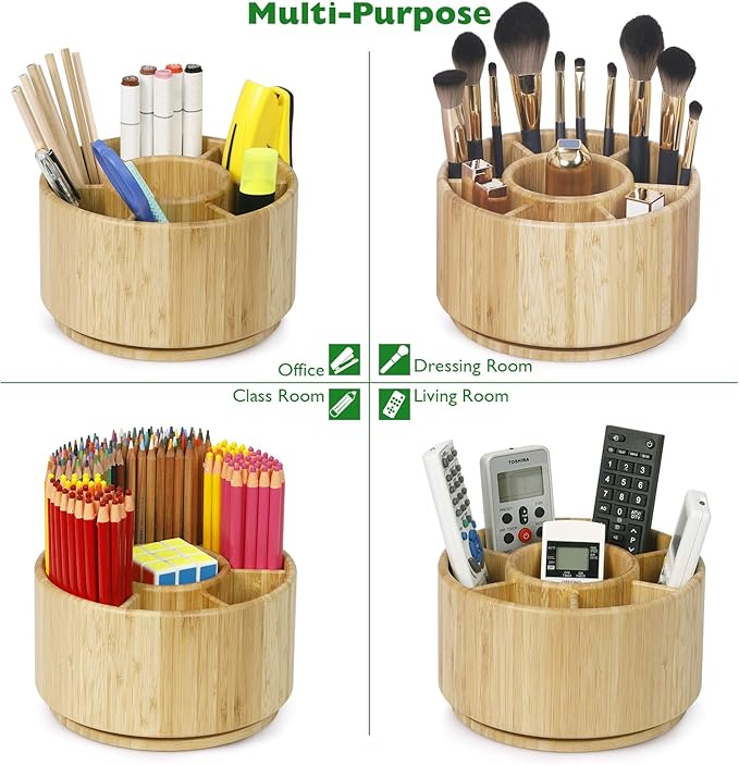 Bamboo Rotating Pencil Holder for Desk - Pen Holder Desk Organizer with 7 Compartments, Office Supplies Desktop Storage Caddy for Colored Pencils, Markers, Crayon, Comestics and Cutlery etc.