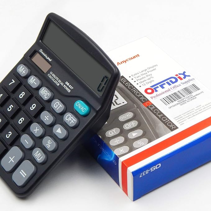 OFFDIX Office Desktop Calculator, Solar and Battery Dual Power Electronic Calculator Portable 12 Digit Large LCD Display Calculator