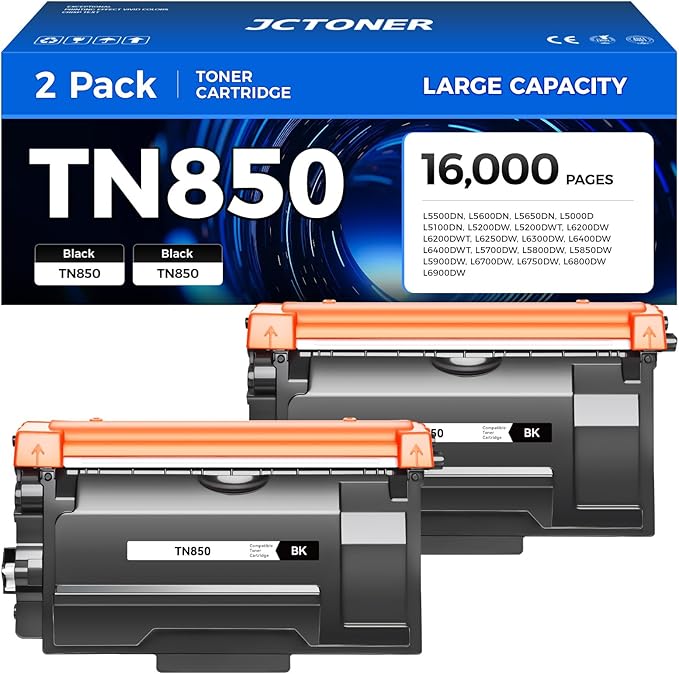 TN850 Black Toner Cartridge 2-Pack High Yield Compatible for Brother TN-850 TN880 TN820 TN890 HL-L6200DW L6200DWT L5200DW L5100DN L6400DW MFC-L5800DW L5700DW L6700DW L6800DW DCP-L5600DN Printer Ink