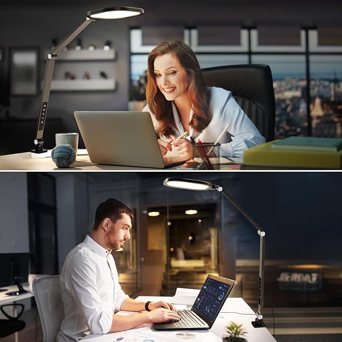 Led Desk Lamps for Home Office, Eye-Care Architect Light with Clamp, Dimmable Zoom Lighting with 3 Color Modes & 10 Brightness, Smart Computer Ring Light for Video Calls, Conference, Reading