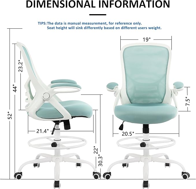 HYLONE Drafting Chair Tiffany Blue, Tall Office Chair Standing Desk Stool with Adjustable Height, Foot Ring, Flip-Up Arms, Mesh High-Back Office Chair, White