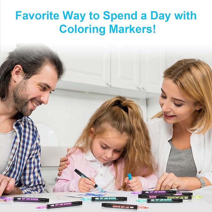 Double Line Outline Markers, 48Colors Super Squiggles Shimmer Outline Marker Pen Set, Self Outline Metallic Markers Glitter Writing Drawing Pens for Birthday Greeting Card, Doodling, DIY Art Crafts