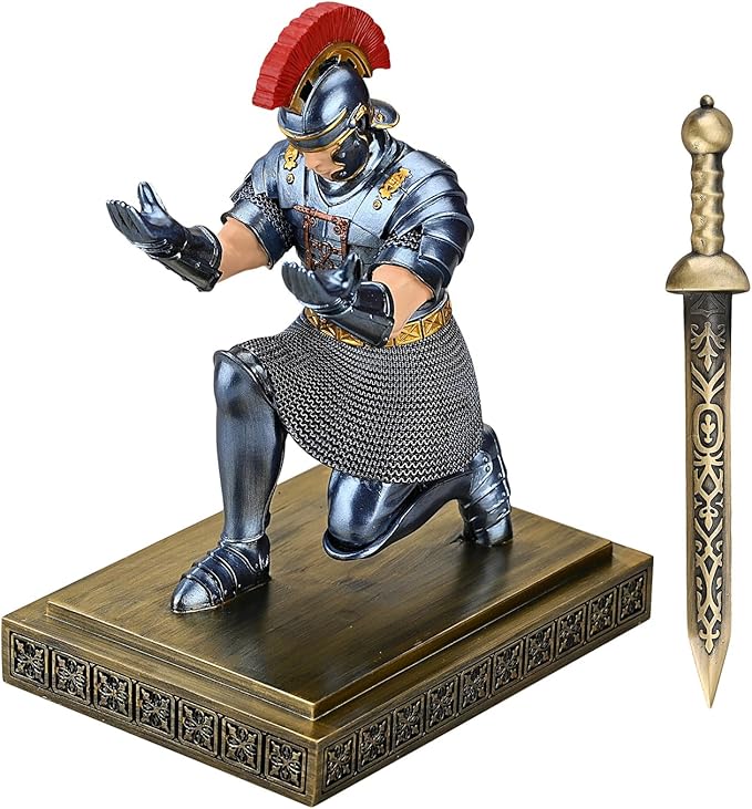 Roman Praetorian Warrior Knight Pen Holder Desk Ornament Resin Pencil Holder Desk Accessories and Organizer for Office with a Letter Opener (Blue)